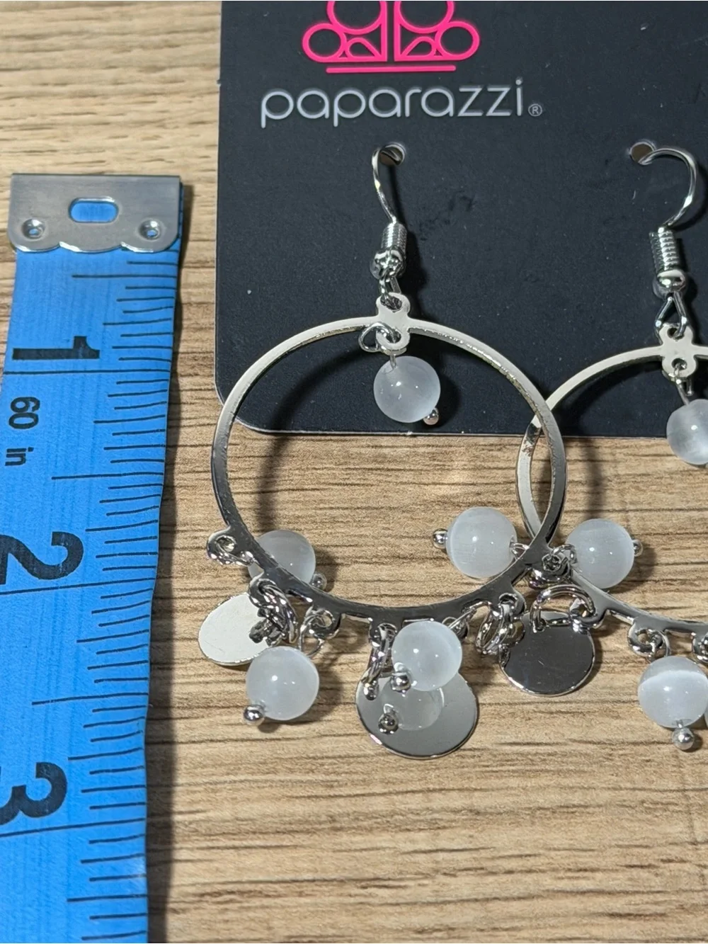 paparazzi Silver Hoop Earrings with Frosted White Beads & Disc Charms